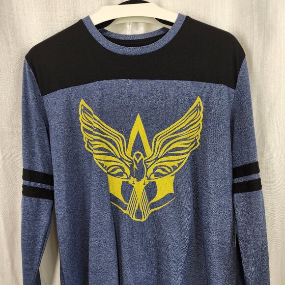 Assassins Creed long sleeve blue t-shirt with black shoulders size Large - Picture 1 of 4